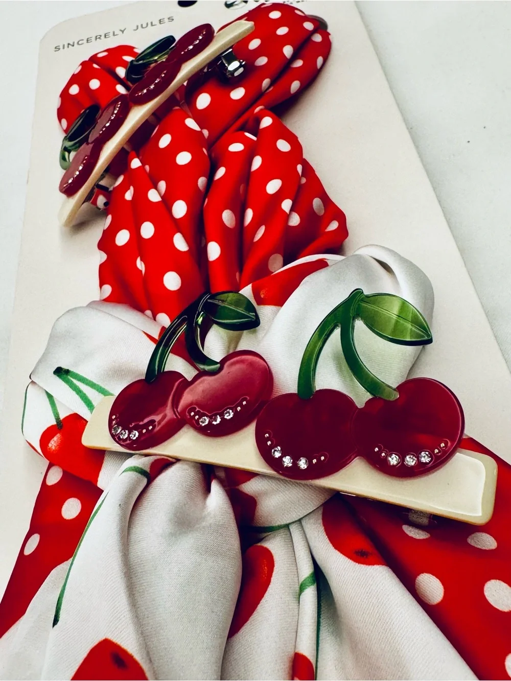 Sincerly Jules Red Cherry Print and Polka Dot Scarf & Barrette Set